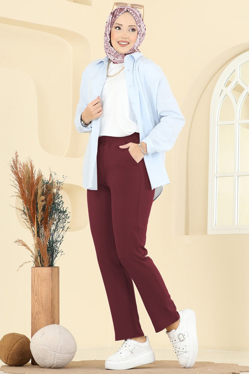 Elastic-Waist Double Knit Trousers - Burgundy