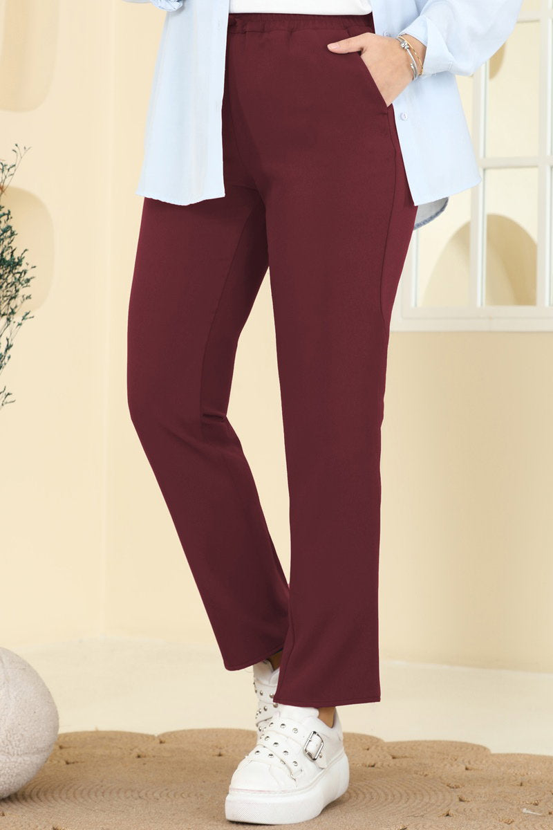 Elastic-Waist Double Knit Trousers - Burgundy