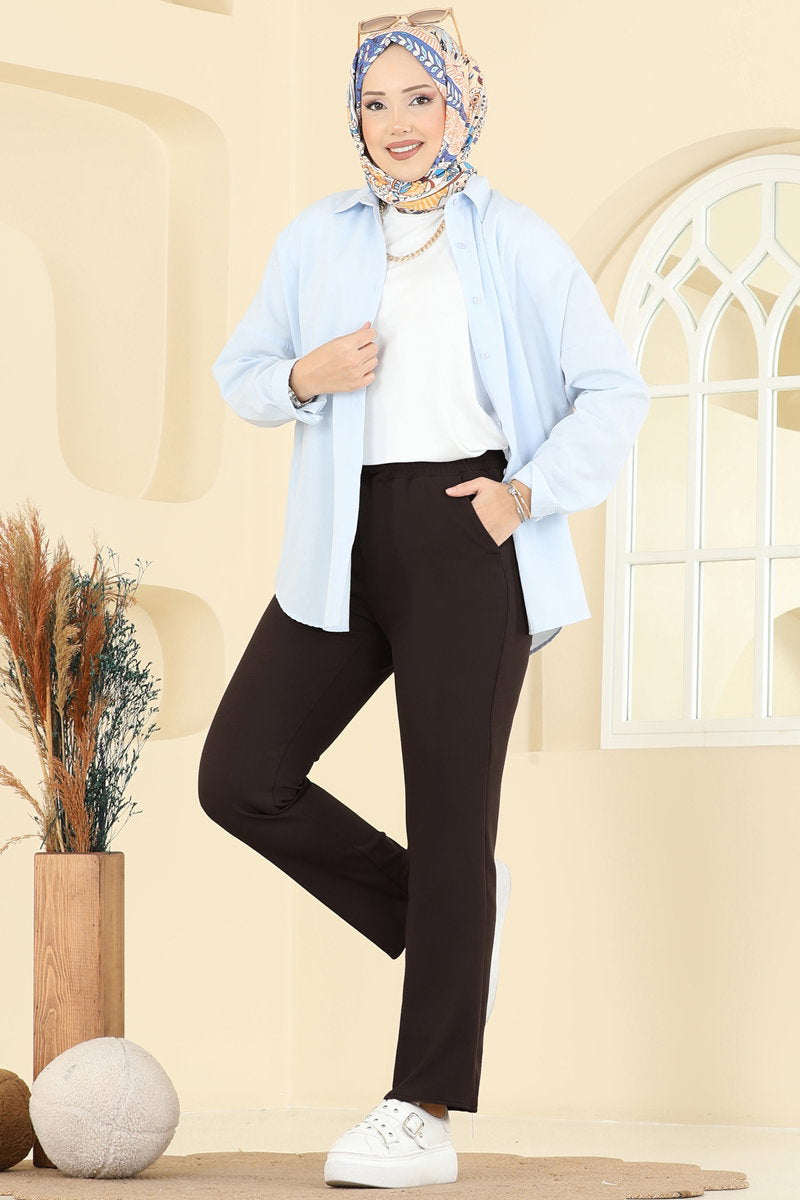Elastic-Waist Double Knit Trousers - Dark Brown