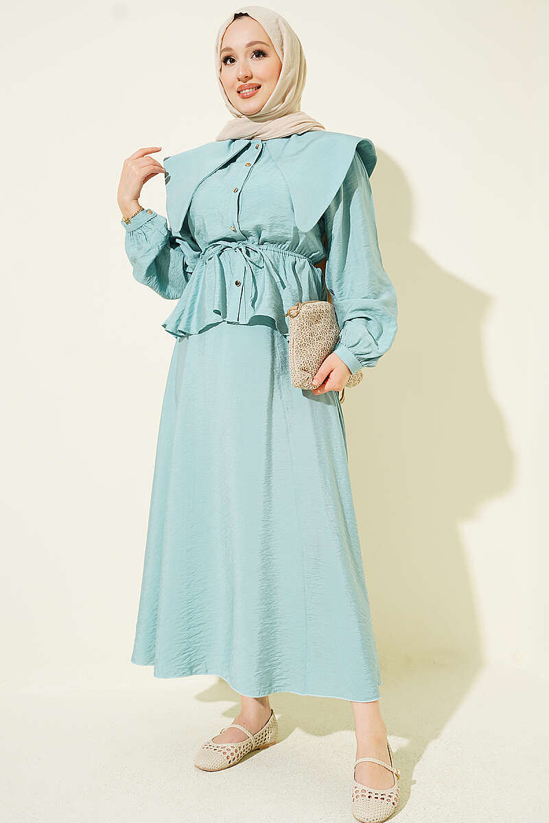 Sailor-Collar Two-Piece Skirt Set with Elastic Waist - Mint
