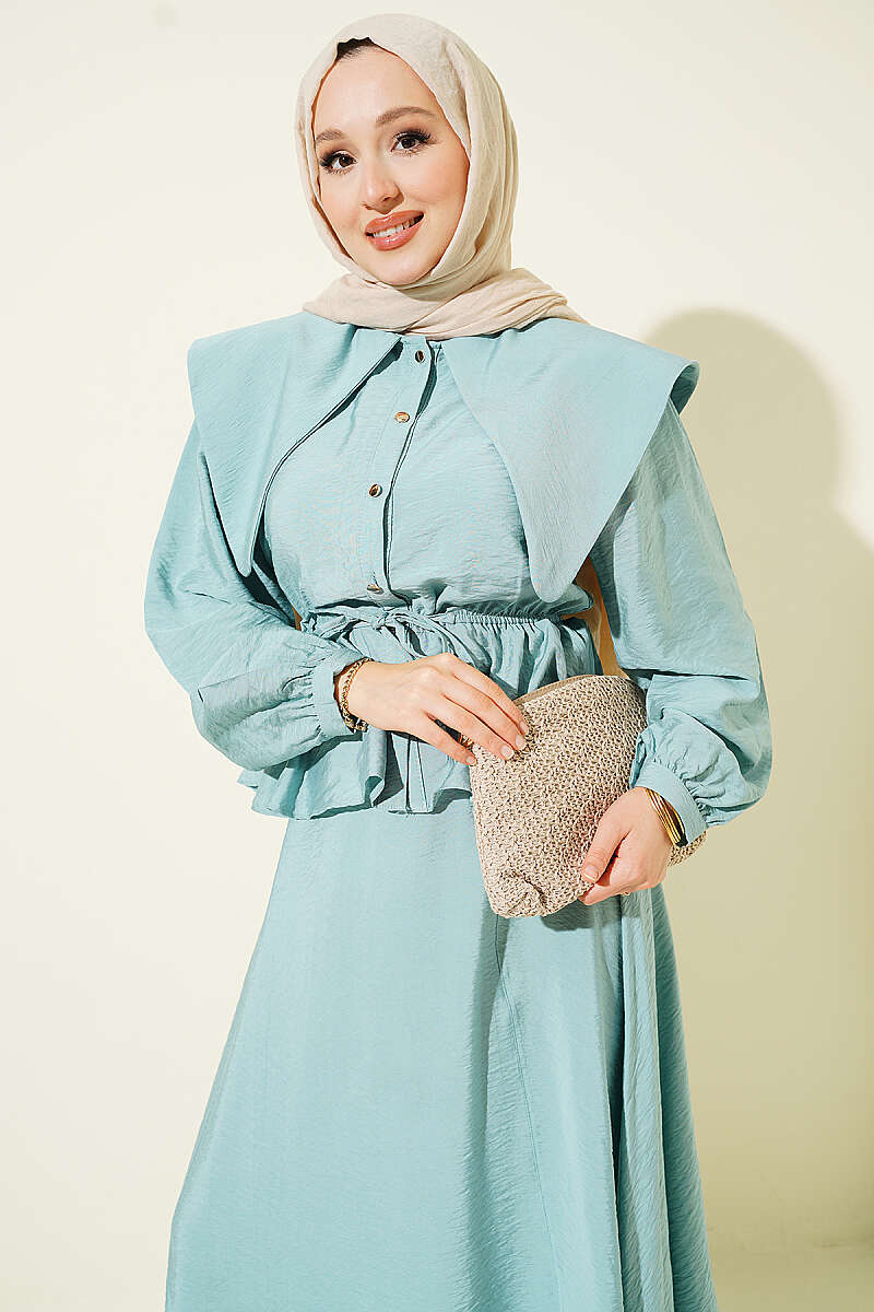 Sailor-Collar Two-Piece Skirt Set with Elastic Waist - Mint