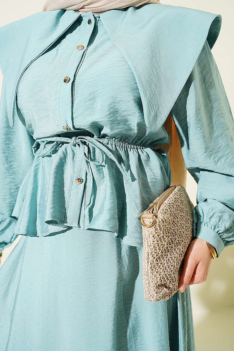 Sailor-Collar Two-Piece Skirt Set with Elastic Waist - Mint