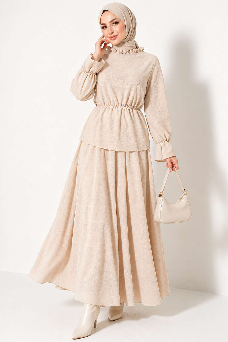 Patterned Skirt Two-Piece Set with Elastic Waist - Beige