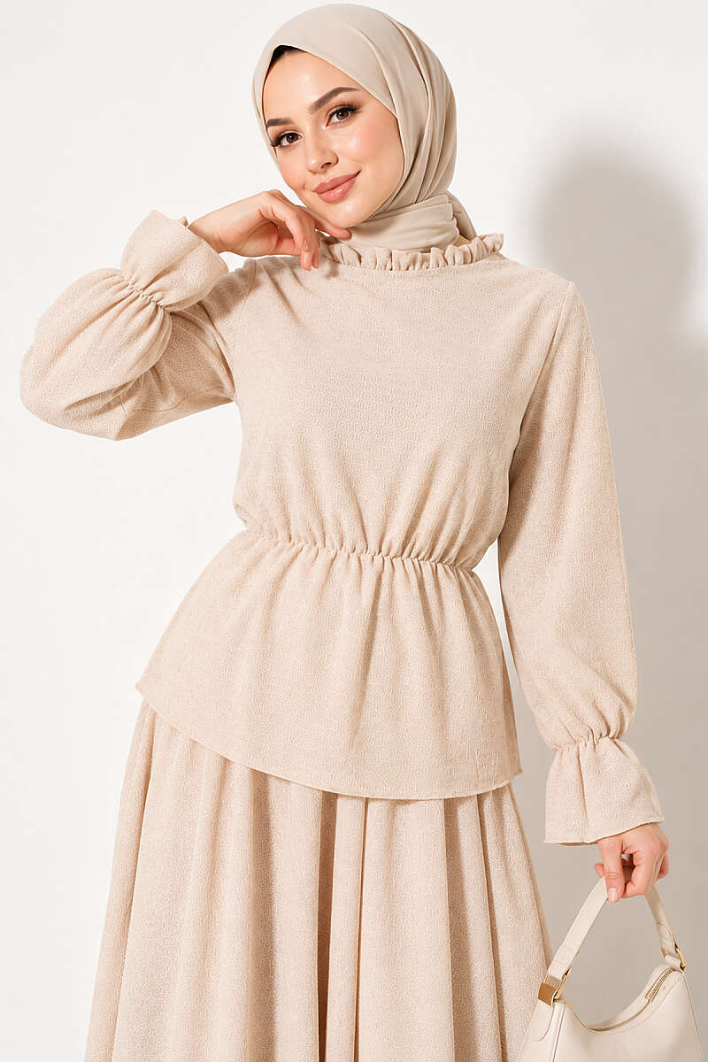 Patterned Skirt Two-Piece Set with Elastic Waist - Beige