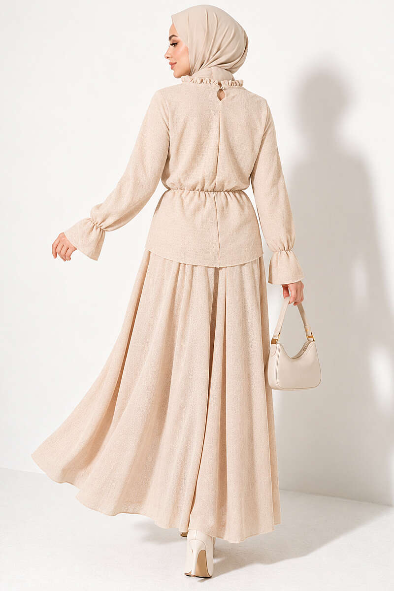 Patterned Skirt Two-Piece Set with Elastic Waist - Beige