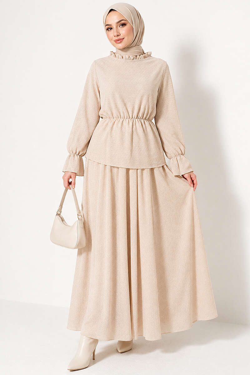 Patterned Skirt Two-Piece Set with Elastic Waist - Beige