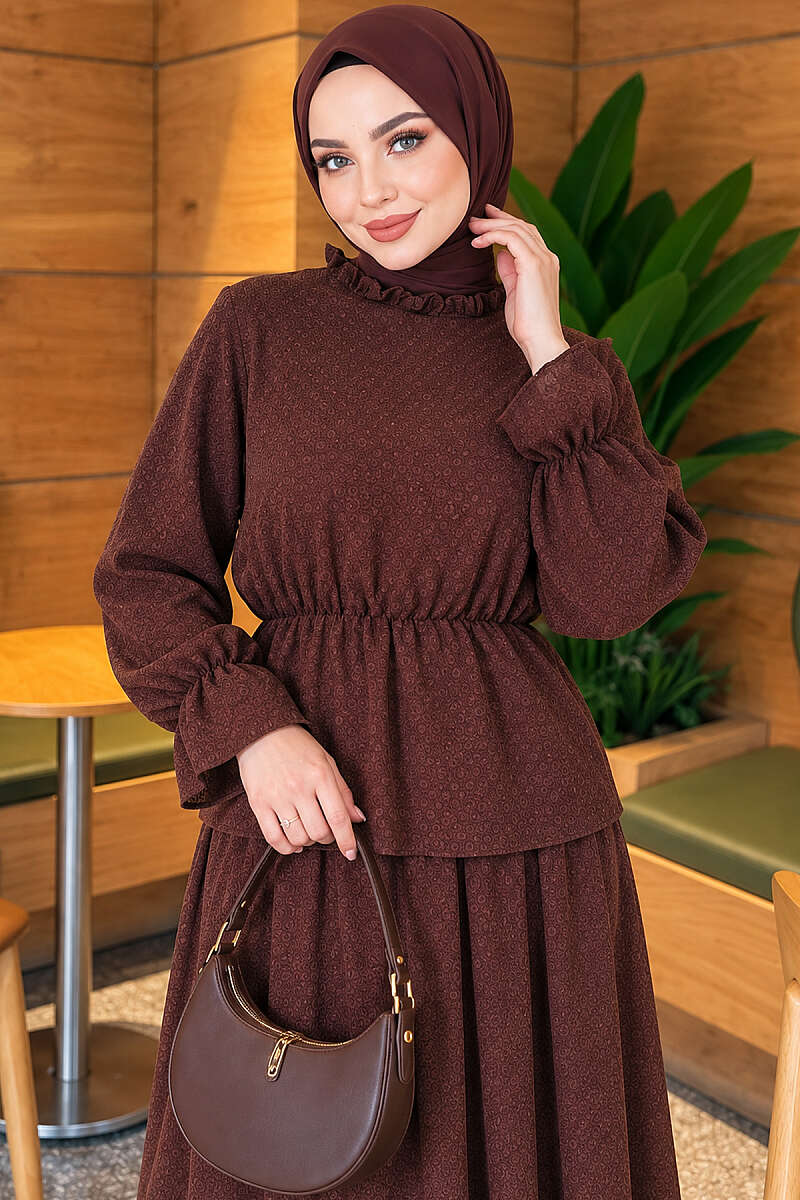 Patterned Skirt Two-Piece Set with Elastic Waist - Brown