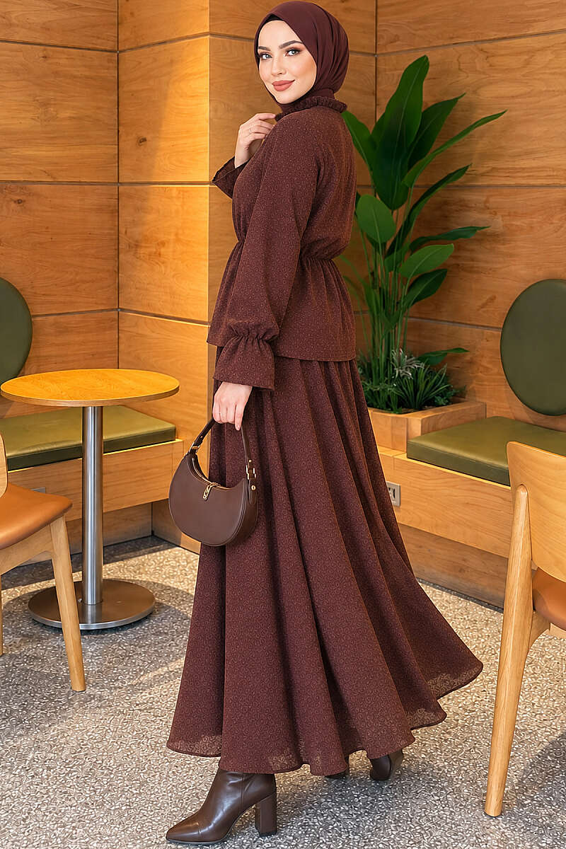Patterned Skirt Two-Piece Set with Elastic Waist - Brown