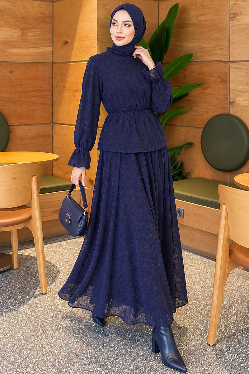 Patterned Skirt Two-Piece Set with Elastic Waist - Navy