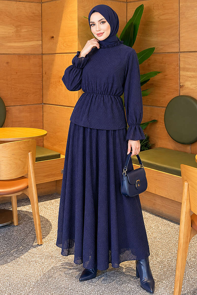 Patterned Skirt Two-Piece Set with Elastic Waist - Navy