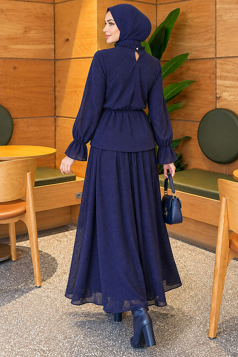 Patterned Skirt Two-Piece Set with Elastic Waist - Navy