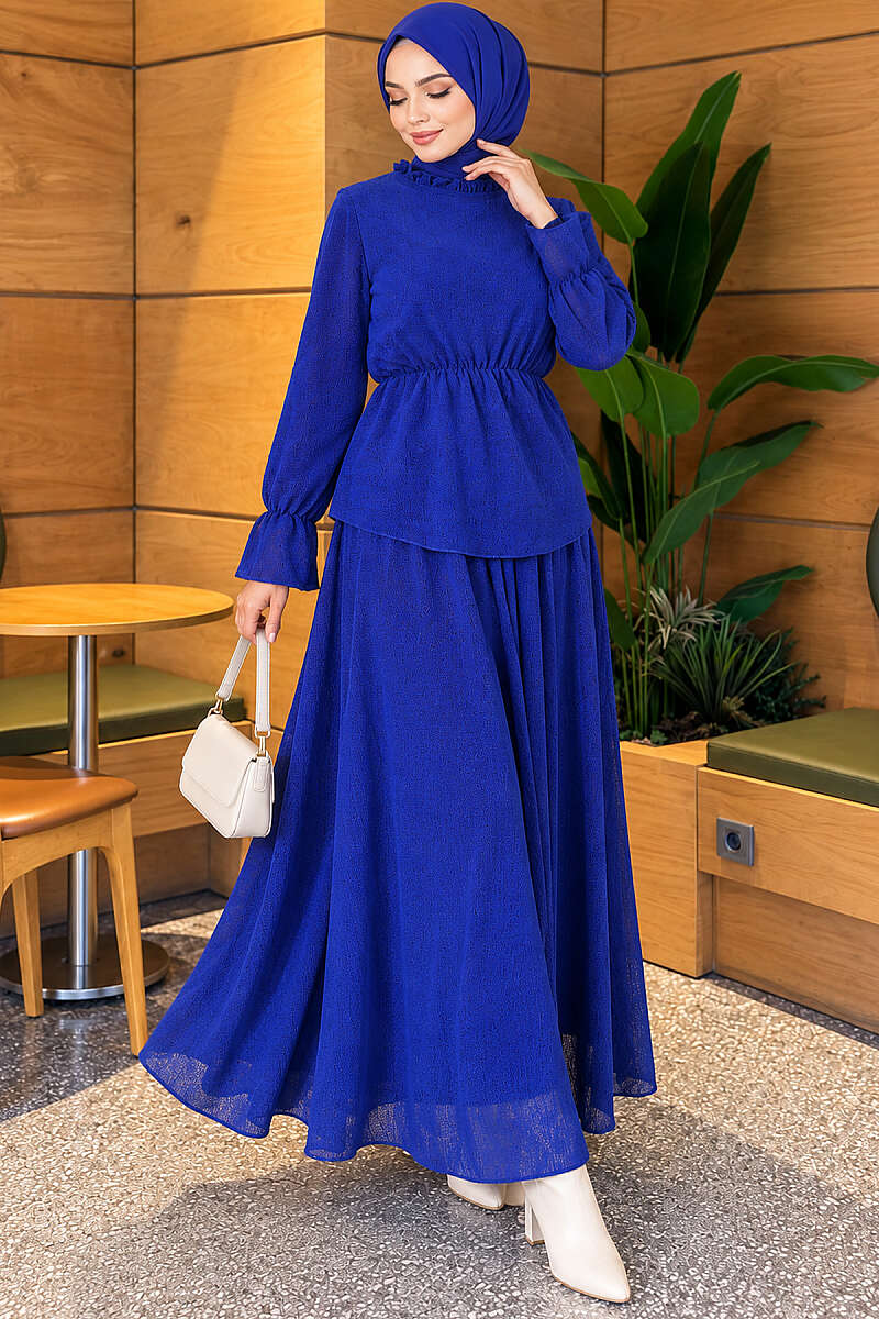 Patterned Skirt Two-Piece Set with Elastic Waist - Saxe Blue