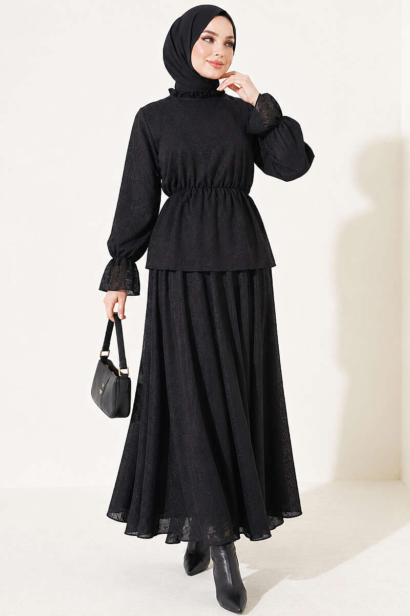 Patterned Skirt Two-Piece Set with Elastic Waist - Black