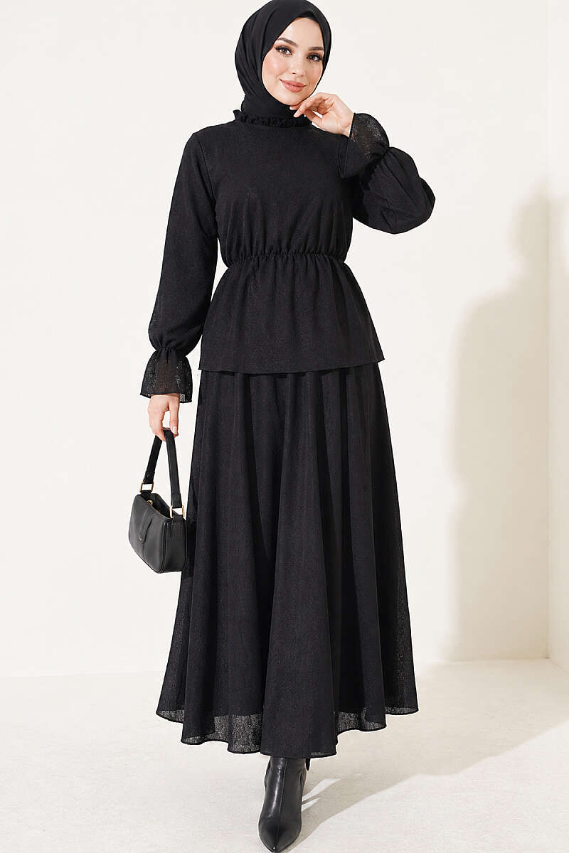 Patterned Skirt Two-Piece Set with Elastic Waist - Black