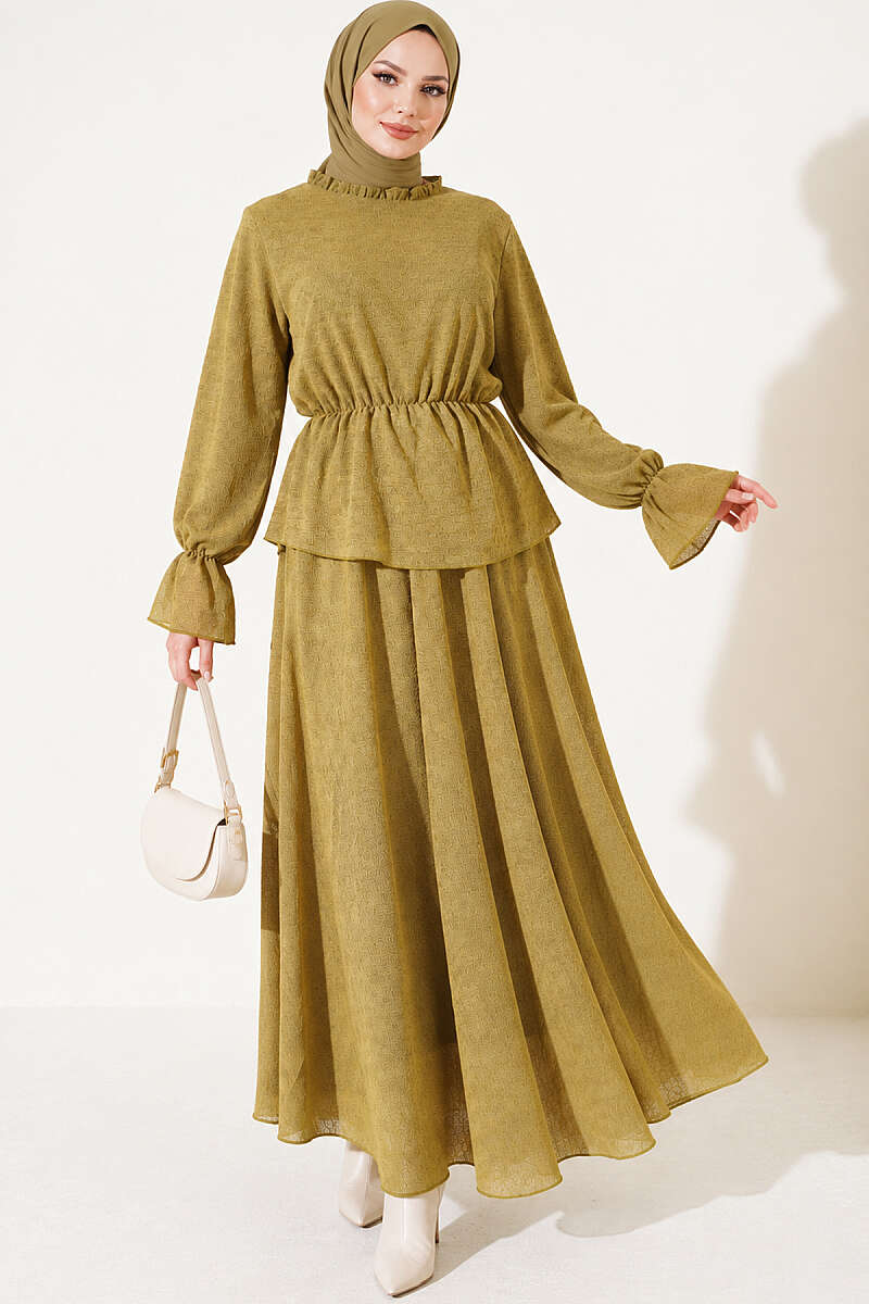 Patterned Skirt Two-Piece Set with Elastic Waist - Olive