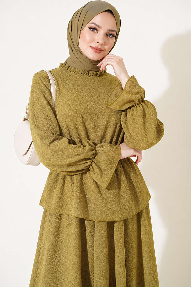 Patterned Skirt Two-Piece Set with Elastic Waist - Olive