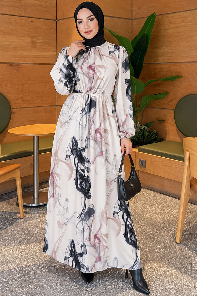Digital Print Satin Dress with Elastic Waist - Smoke Grey