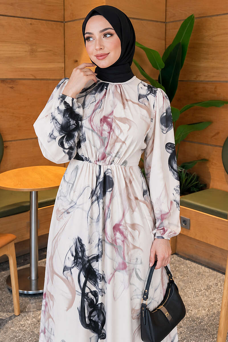 Digital Print Satin Dress with Elastic Waist - Smoke Grey