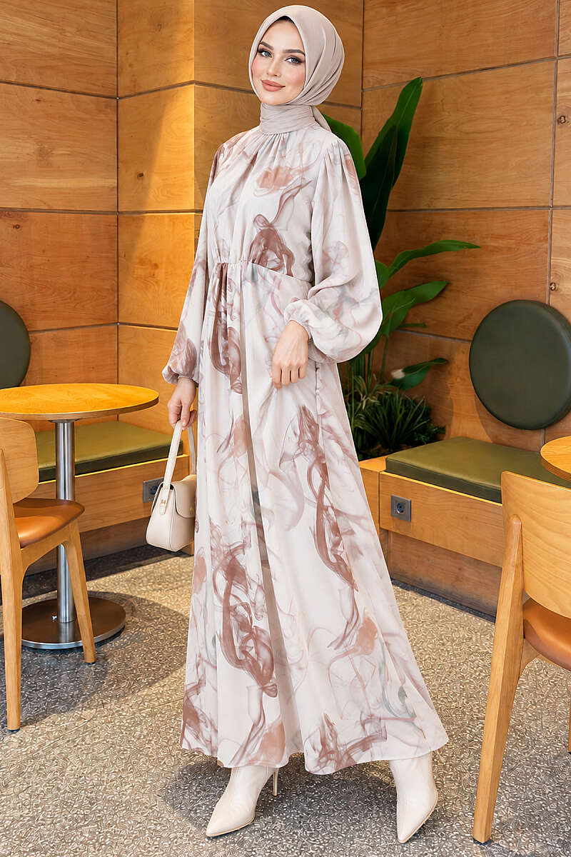 Digital Print Satin Dress with Elastic Waist - Brown