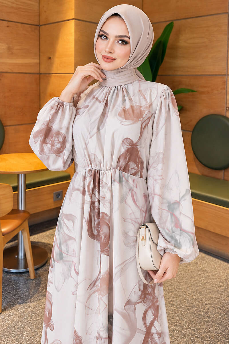 Digital Print Satin Dress with Elastic Waist - Brown