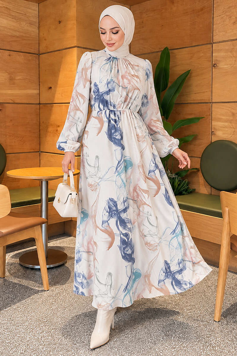 Digital Print Satin Dress with Elastic Waist - Blue