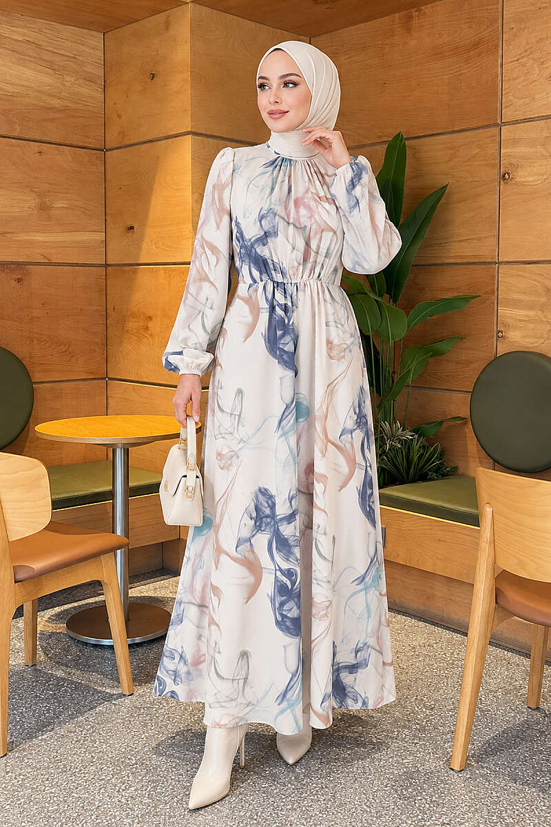 Digital Print Satin Dress with Elastic Waist - Blue