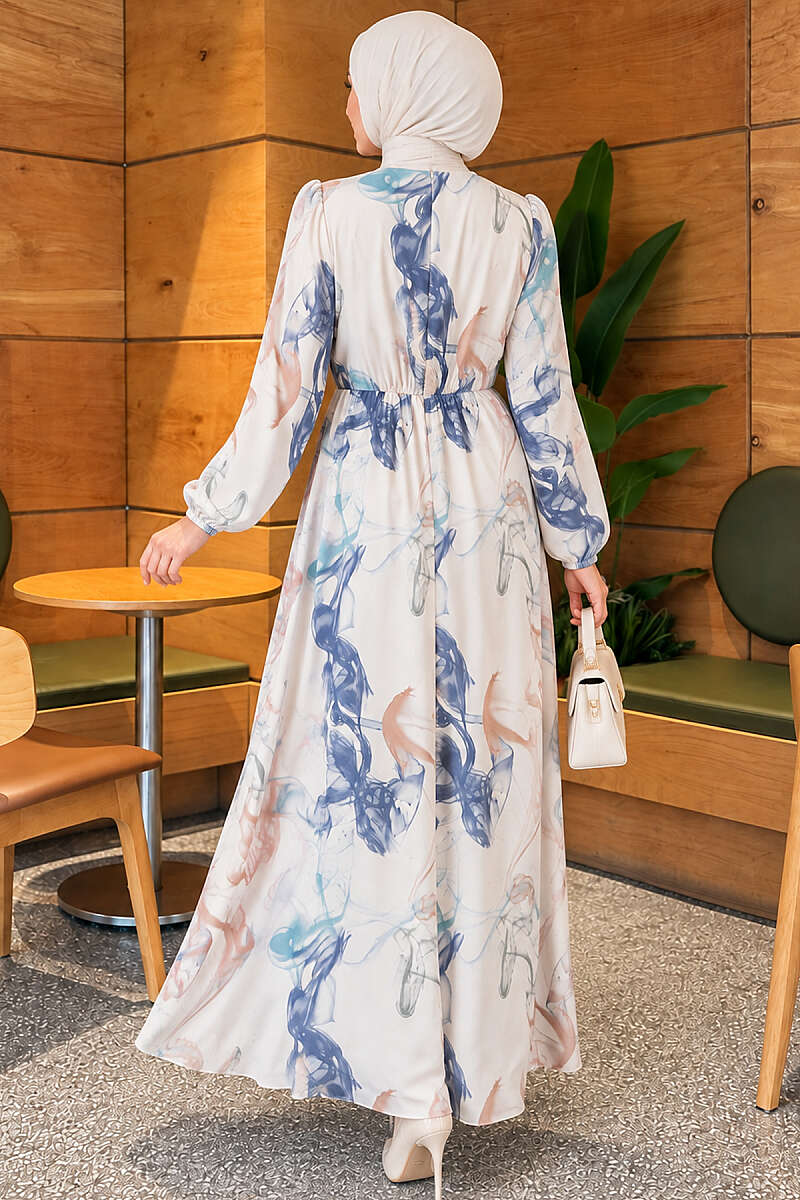 Digital Print Satin Dress with Elastic Waist - Blue