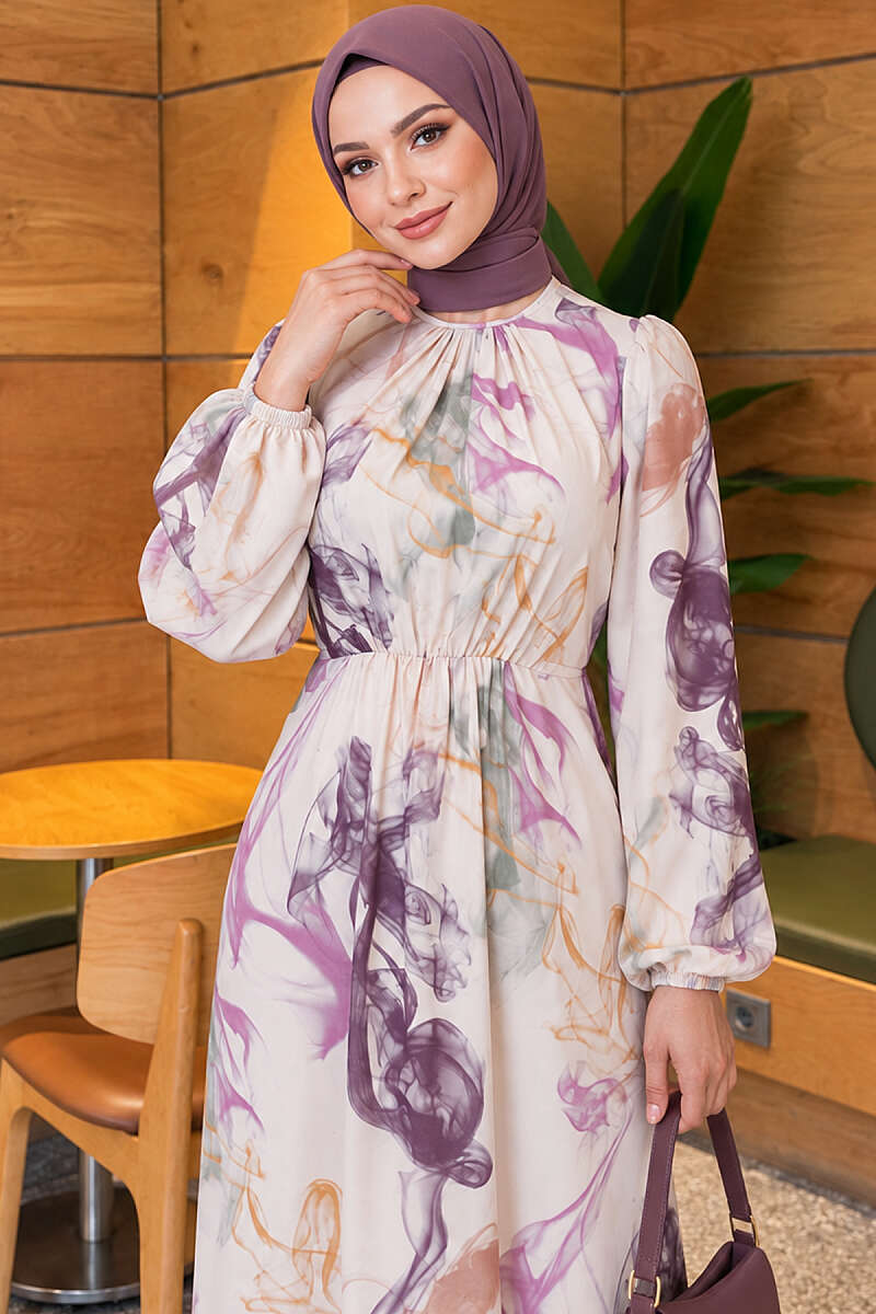 Digital Print Satin Dress with Elastic Waist - Purple