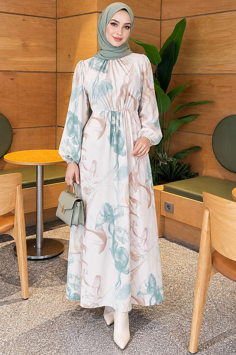 Digital Print Satin Dress with Elastic Waist - Green