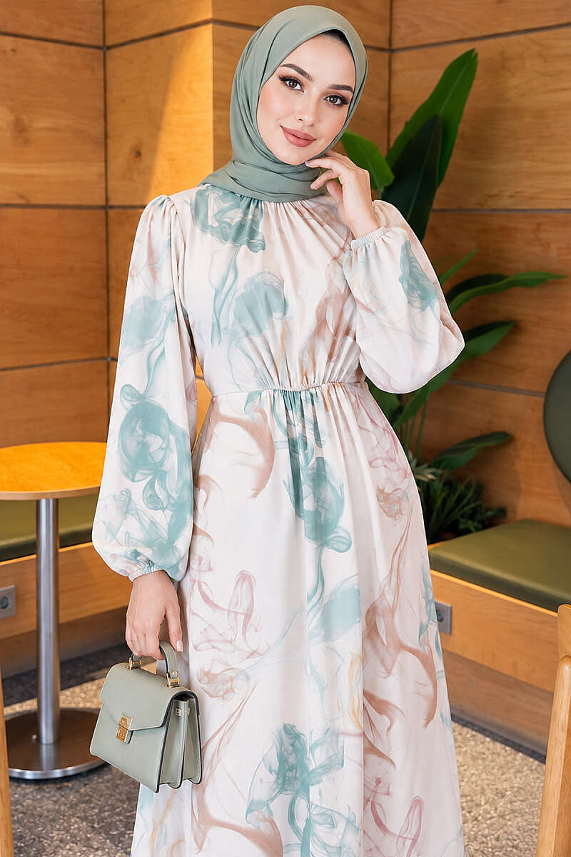 Digital Print Satin Dress with Elastic Waist - Green