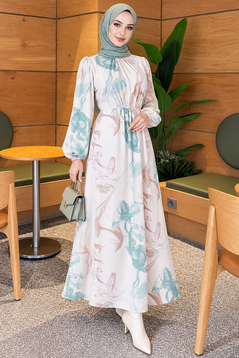 Digital Print Satin Dress with Elastic Waist - Green