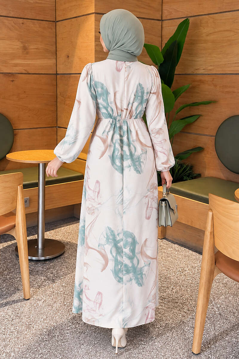 Digital Print Satin Dress with Elastic Waist - Green