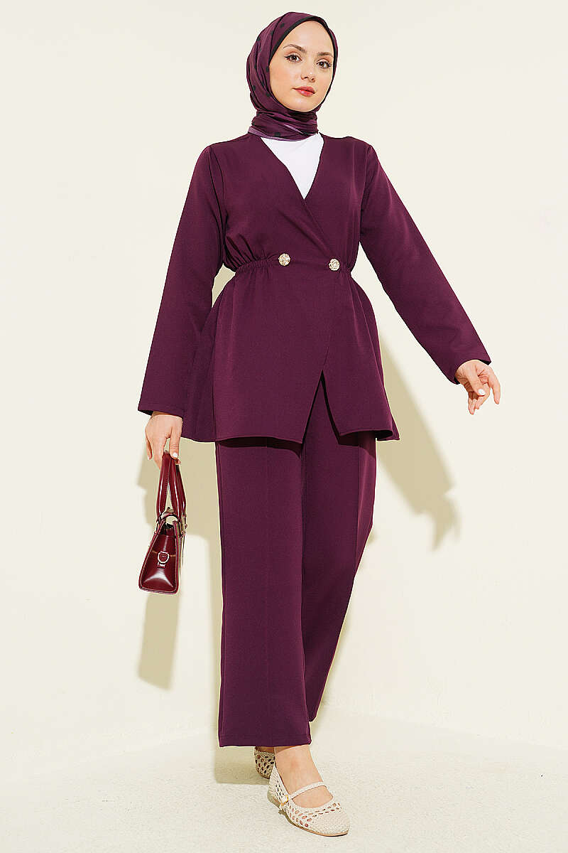 Double-Knit Button Set with Elastic Waist - Plum