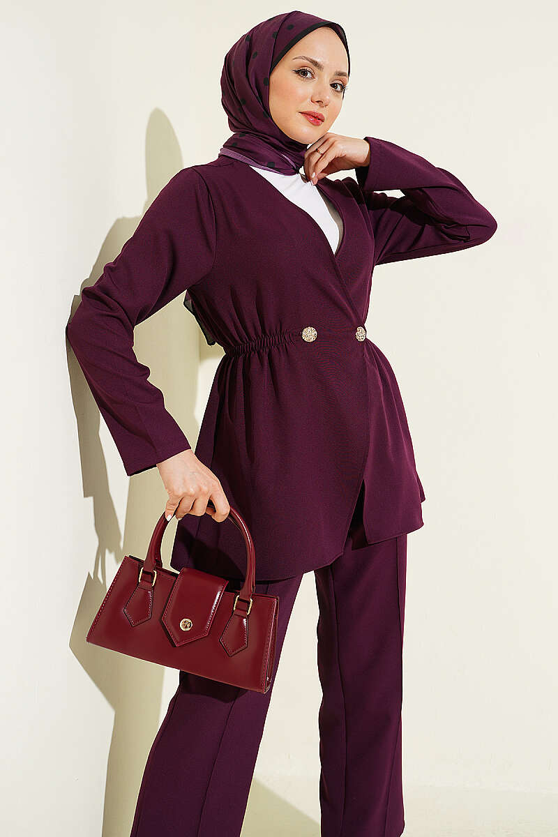 Double-Knit Button Set with Elastic Waist - Plum