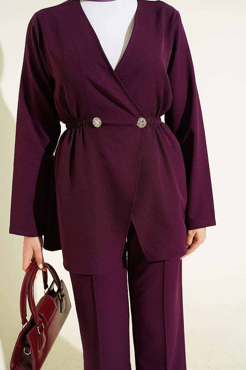 Double-Knit Button Set with Elastic Waist - Plum