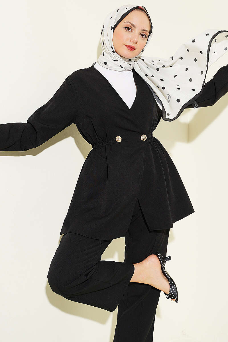Double-Knit Button Set with Elastic Waist - Black