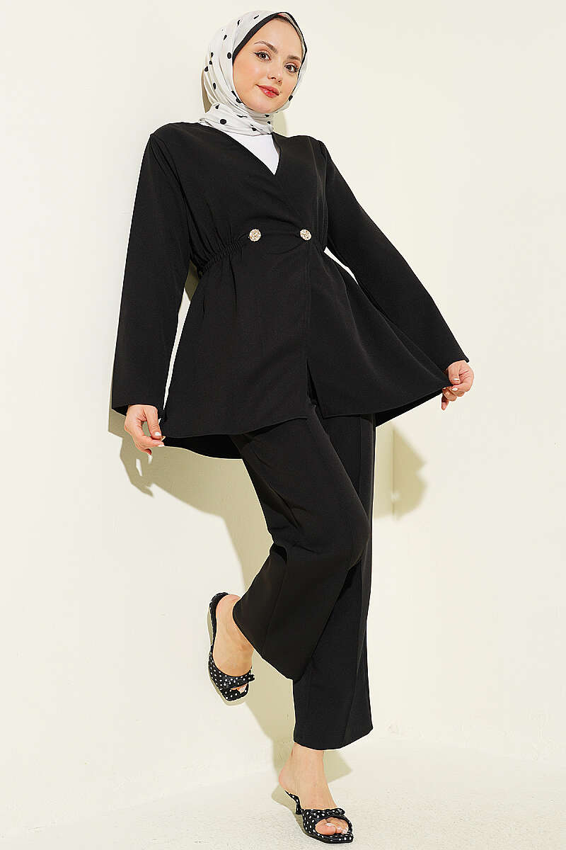 Double-Knit Button Set with Elastic Waist - Black