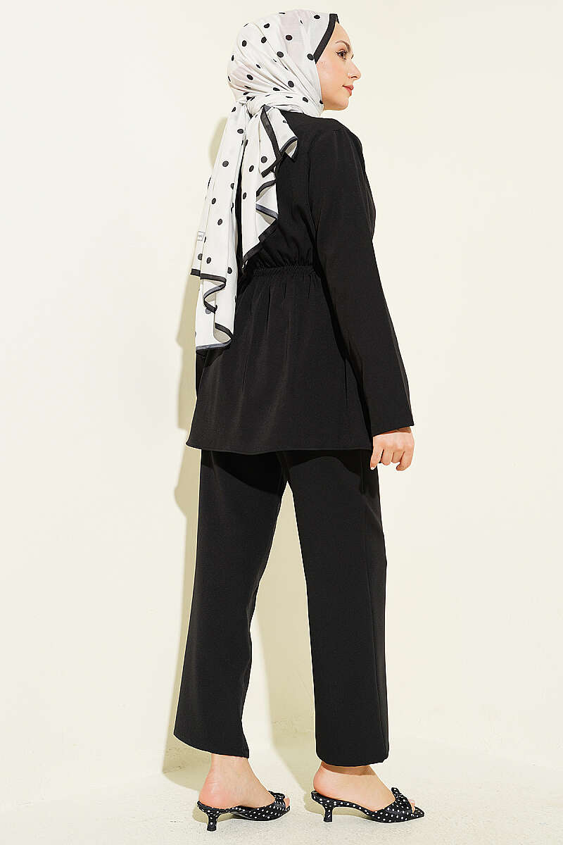 Double-Knit Button Set with Elastic Waist - Black