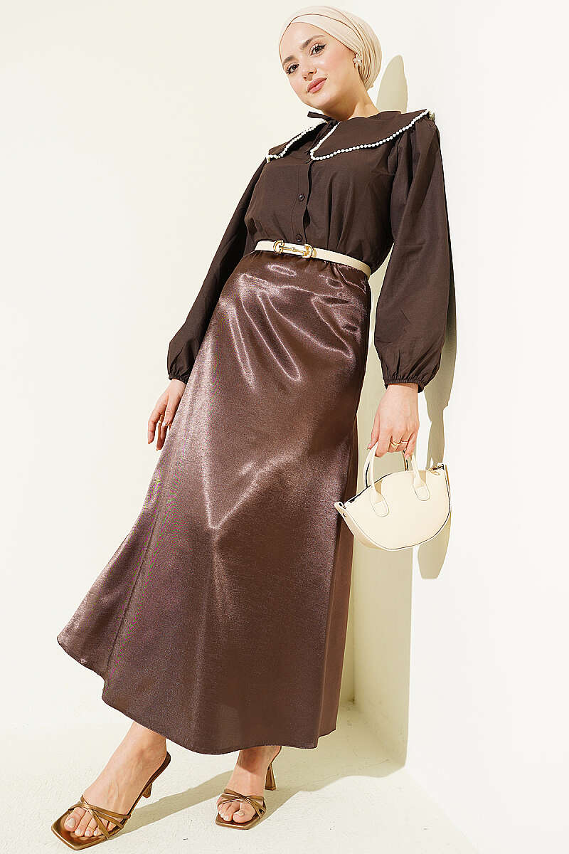 Plain Satin Skirt with Elastic Waist - Brown