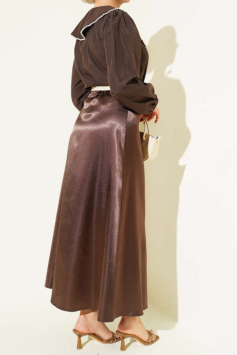 Plain Satin Skirt with Elastic Waist - Brown