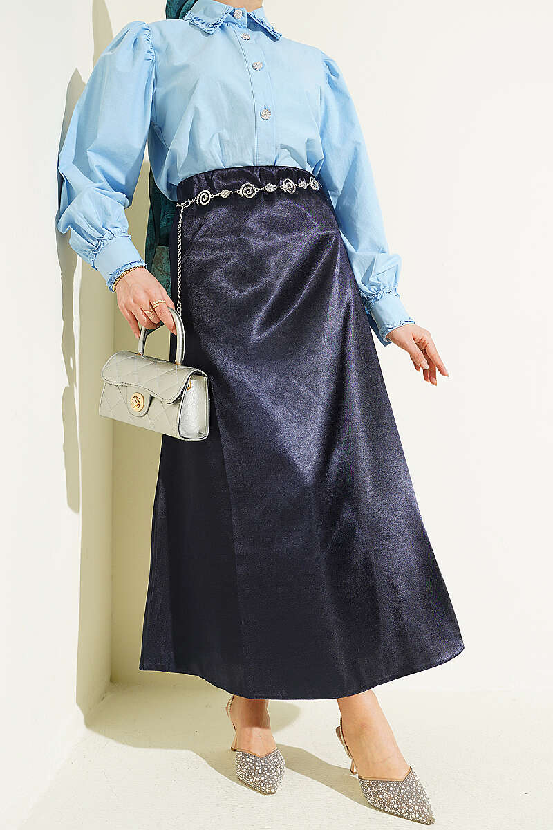 Plain Satin Skirt with Elastic Waist - Navy