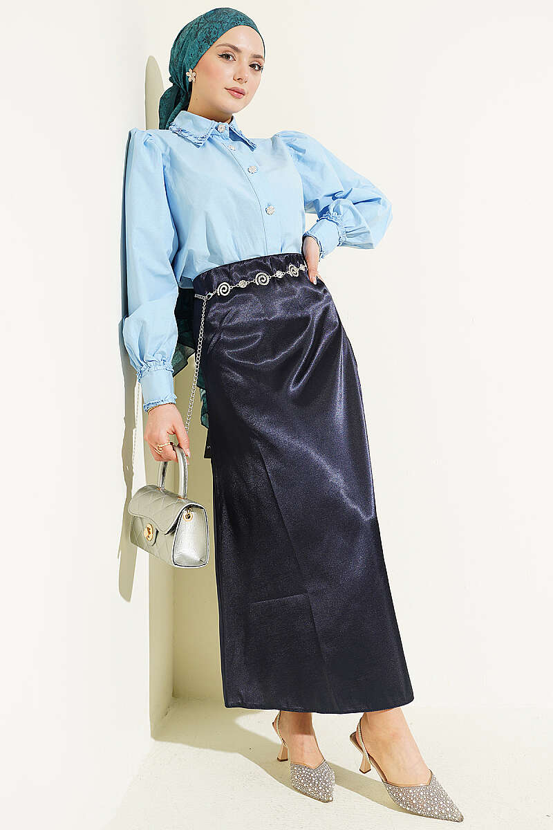 Plain Satin Skirt with Elastic Waist - Navy