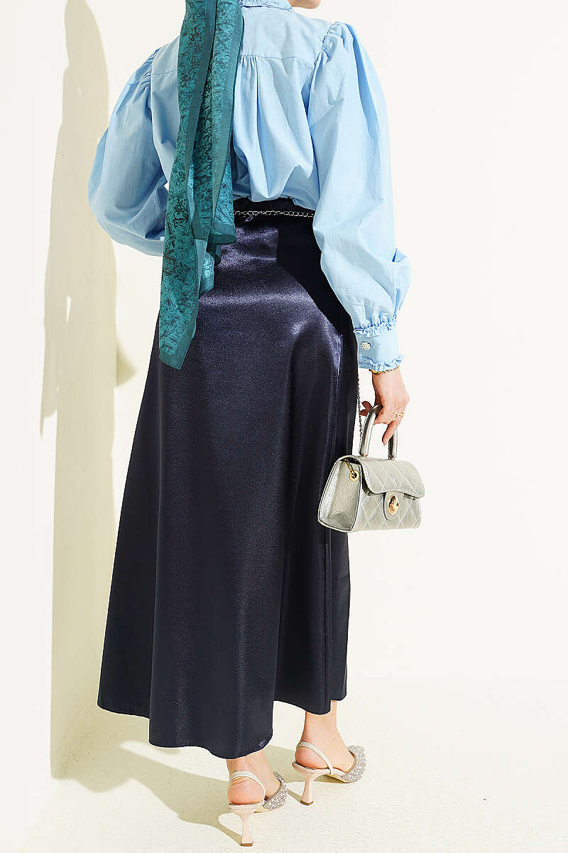 Plain Satin Skirt with Elastic Waist - Navy