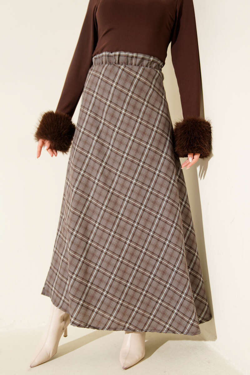 Basic Plaid Skirt with Elastic Waist - Smoke Grey