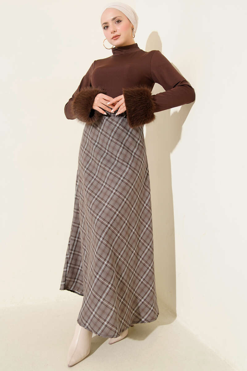 Basic Plaid Skirt with Elastic Waist - Smoke Grey