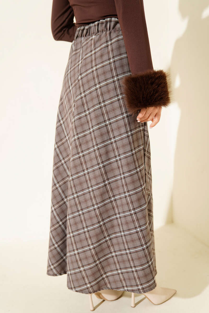 Basic Plaid Skirt with Elastic Waist - Smoke Grey