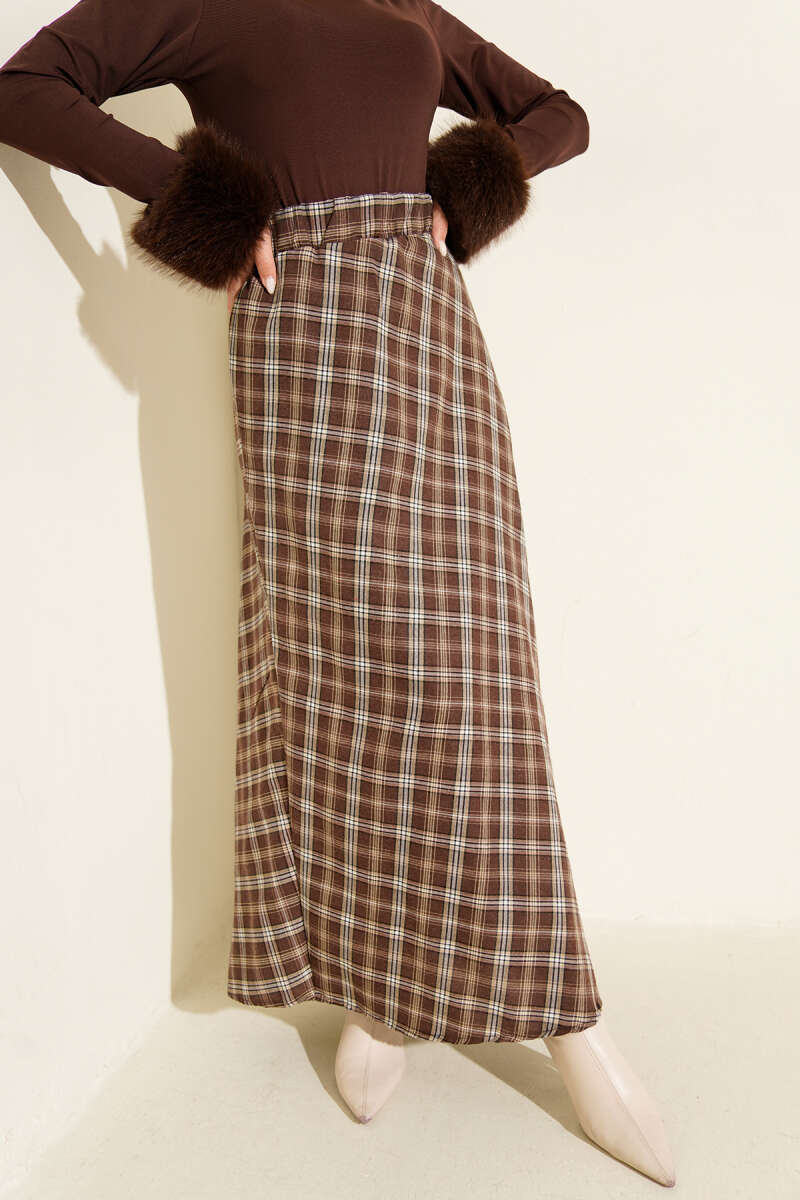 Basic Plaid Skirt with Elastic Waist - Brown