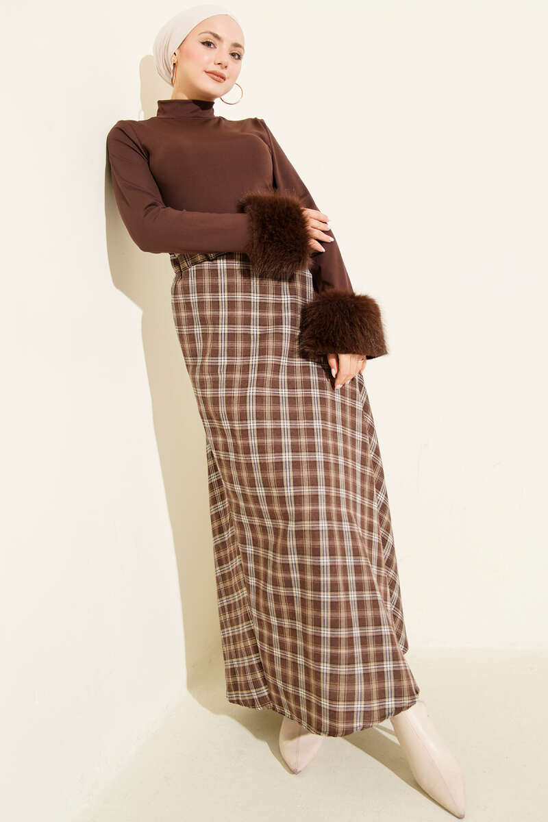 Basic Plaid Skirt with Elastic Waist - Brown