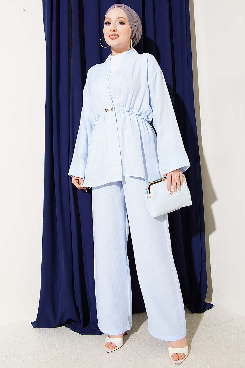Ruffled Muslin Two-Piece Set with Elastic Waist - Light Blue