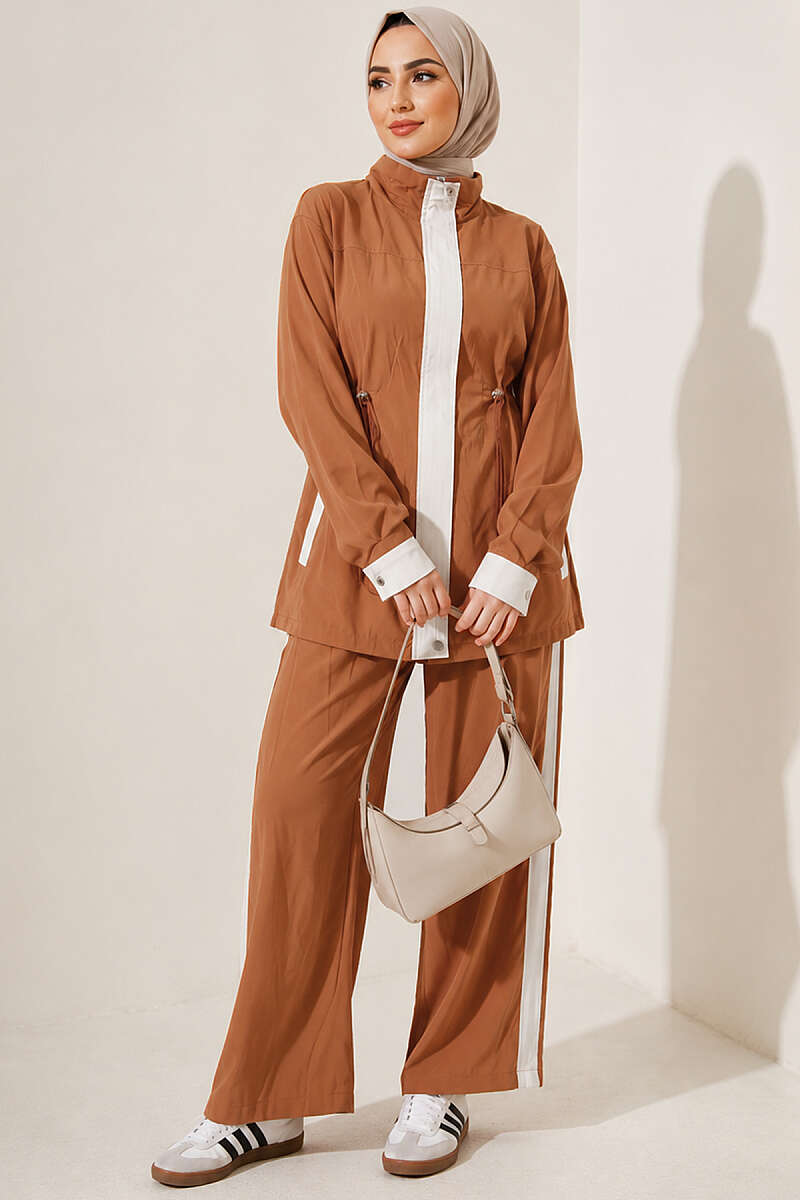 Tencel Two-Piece Set with Trim and Elastic Waist - Camel
